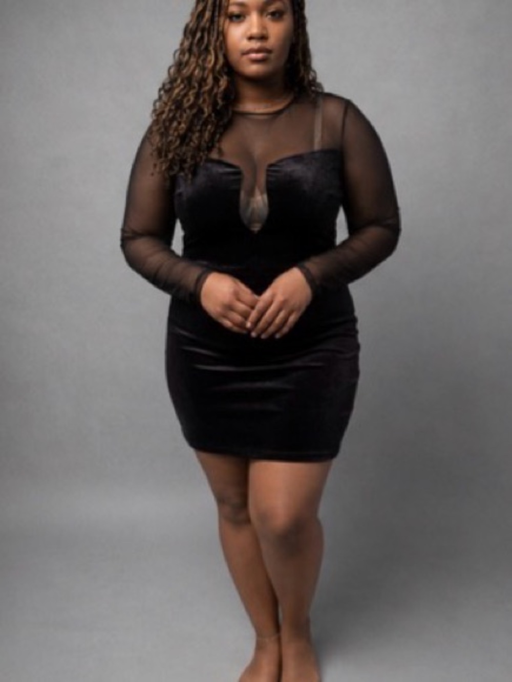 Forever 21 Black Velvet Mini Dress with Sheer Mesh Sleeves